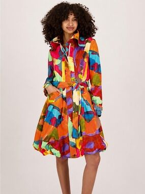 ✨🌈 Samuel Dong‎ Abstract Print Belted Rain Coat Jacket Small Colorful 🌈✨